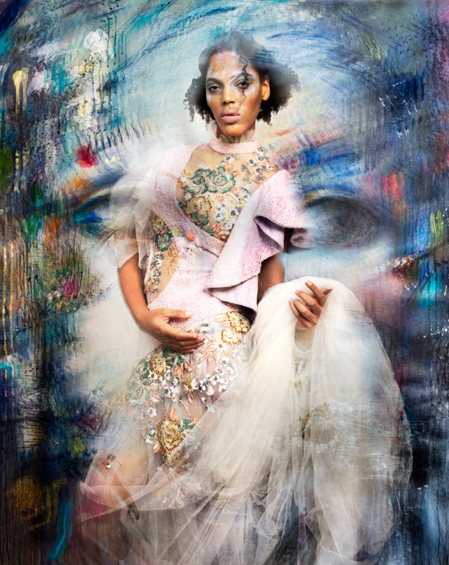 A composite photo blending a photo of a fashion model with a surrealistic painting of a female face, resulting in a hallucinatory dream image of the model suspended between a dream world and the physical world.