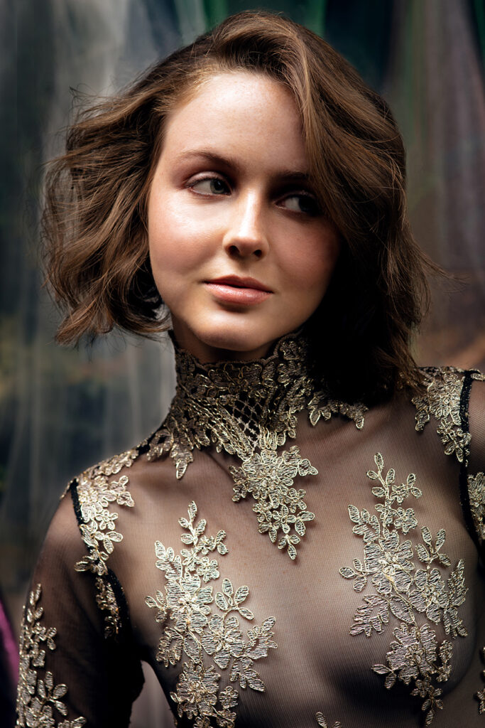 Portfolio photo for a fashion model featuring a couture dress. Gerard Harrison photographer Houston, Texas.