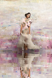 Commercial fashion photography publicizing a major fashion shoe consisting of a composite image combining a photo of a model in a couture with an impressionist painting of a garden and pond.
