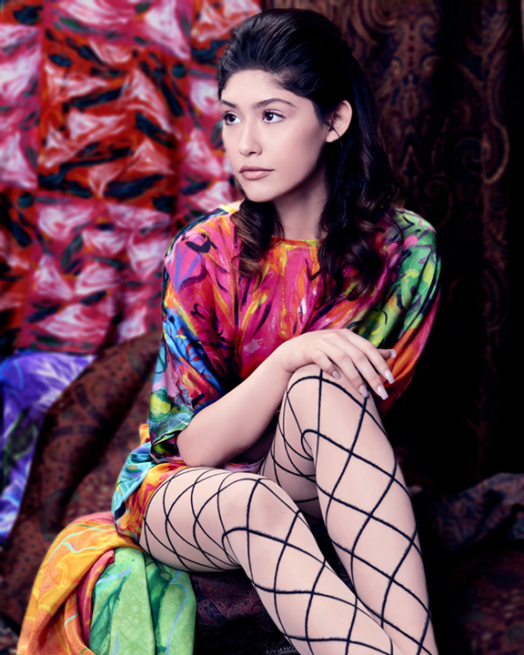 Model poses for Anne-Joelle Designs silk scarf lookbook. Savannah Martinez, model.