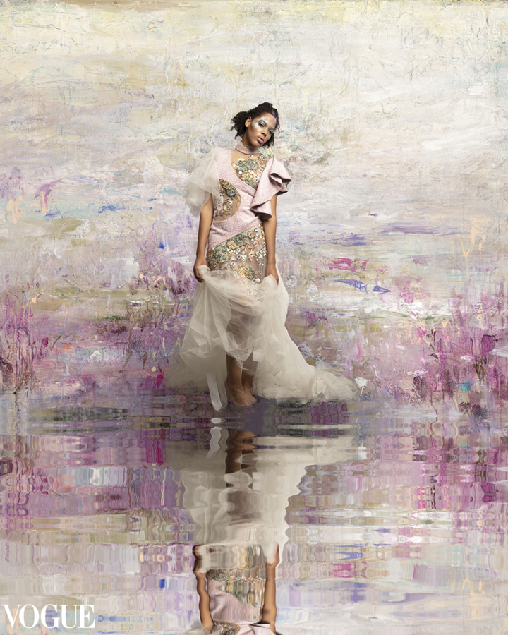Award-winning composite photo of a model in a couture gown standing in an impressionist painting of a garden. Gerard Harrison, Houston fashion photographer.