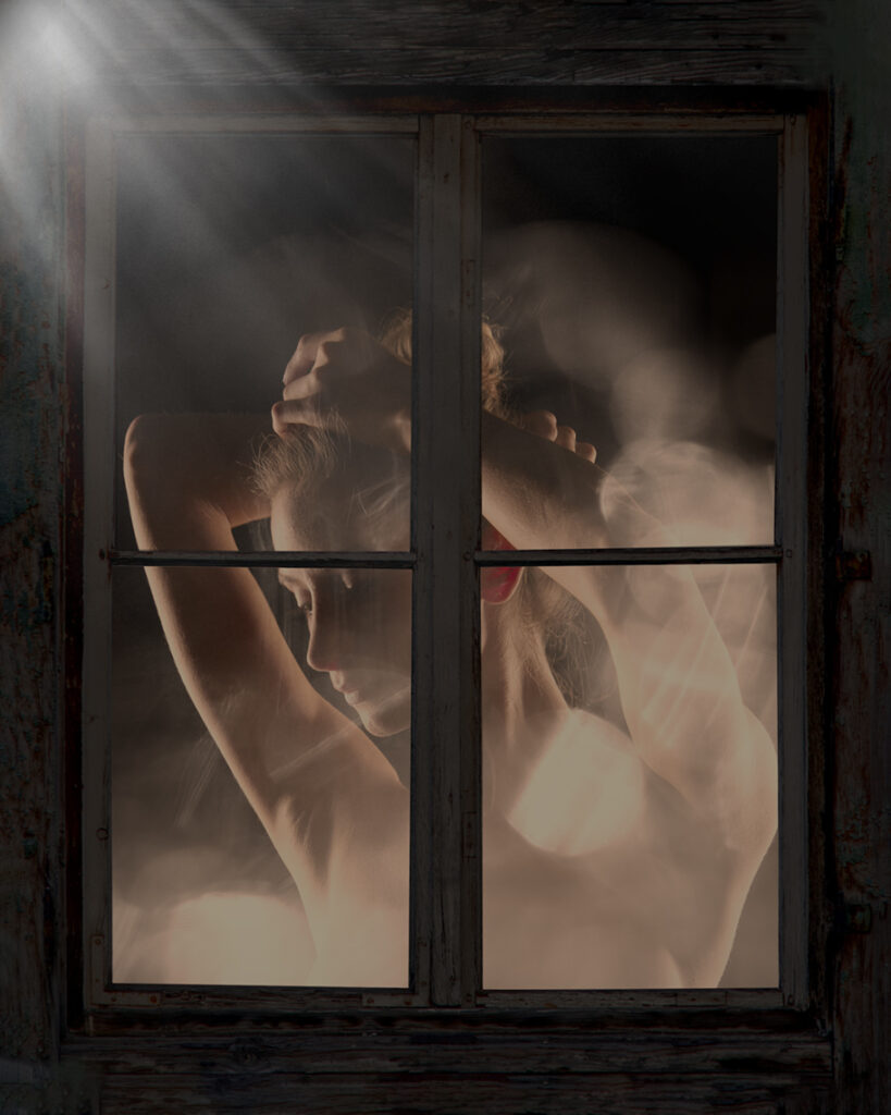 Implied nude seen through a fogged window. Gerard Harrison, fine art photographer, Houston, Texas