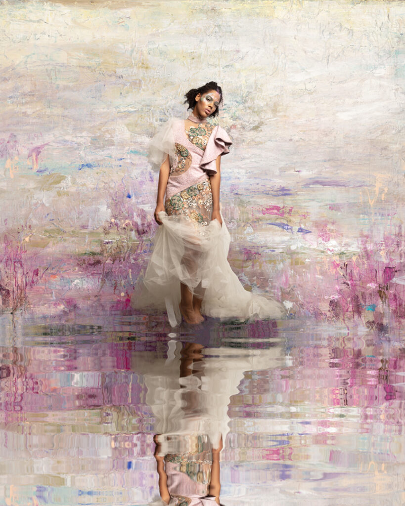 Conceptual photograph. A model in a couture gown is merged with the imaginary world of a painter's abstract-impressionist painting to create a surreal walk in a springtime meadow. Gerard Harrison, Houston fashion photographer. Dress designer Nicholas Nguyen. Award winning photo published in Forbes and elswhere.