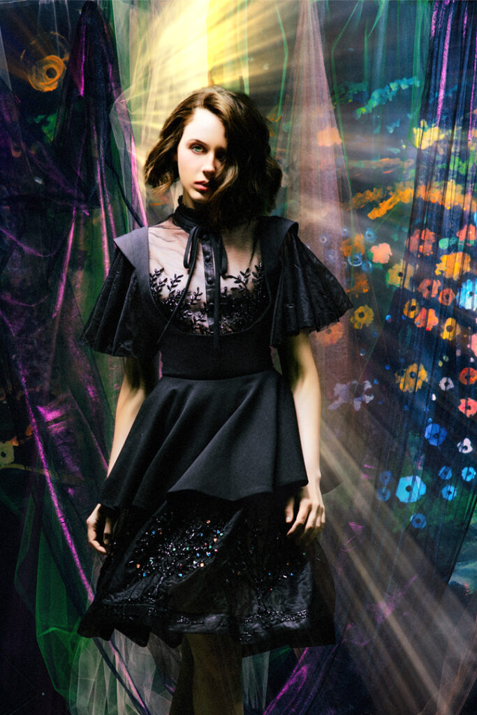 conceptual-fashion-photo-Gerard-Harrison-fashion-photographer-Houston Conceptual fashion photo of model in couture dress in front of radiant imdressionistic background. By Gerard Harrison Houston Fashion Photographer